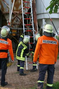 Bild: Eine Leiter wird an einem Silo in Stellung gebracht