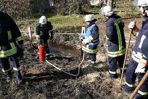 Bild: Mit einer Kübelspritze wurden vereinzelte Glutnester abgelöscht