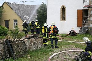 Bild: Einsatzkräfte vor dem hinteren Teil der Pfarrkirche