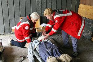 Bild: Medizinische Versorgung am provisorischen Verletztensammelplatz durch Helfer des DRK