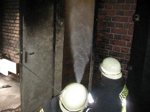 Bild: Vorbereitendes Training; das richtige Türöffnen, die richtige Strahlrohreinstellung und -führung und die richtige Brandbekämpfung werden geübt.