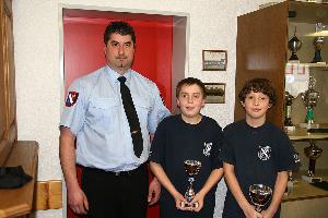 Bild: Lukas Detemple und Leon König wurden von Jugendbetreuer Markus Leidinger für besondere Zuverlässigkeit im vergangenen Jahr ausgezeichnet