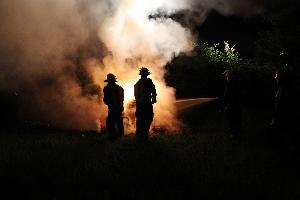 Bild: Ein Heuhaufen brannte hinter einer Hecke an der Zufahrt zum Marienhof